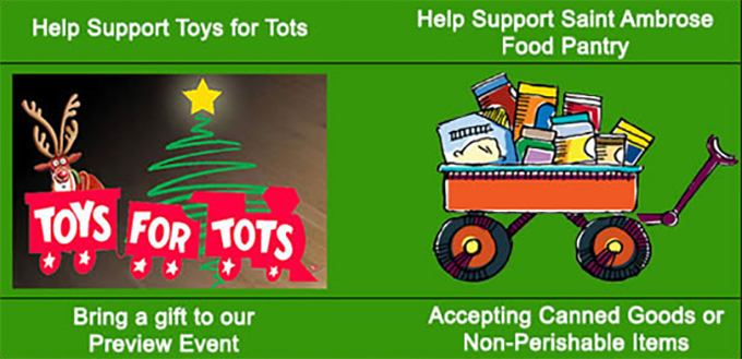 We Collect for Toys for Tots and Saint Ambrose Food Pantry